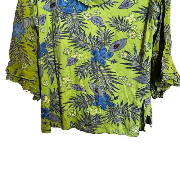 Multiples Top Women XL Green Multicolor Boho Artsy Floral Bell Sleeves Blouse - Picture 4 of 8